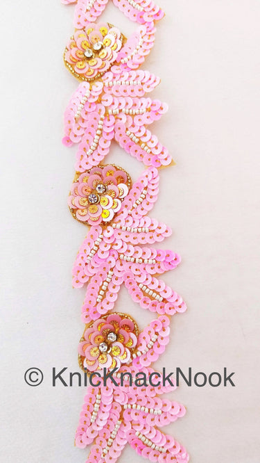 Pink And Gold Sequins Trim With Diamante Beads, Floral Trims, Trimming